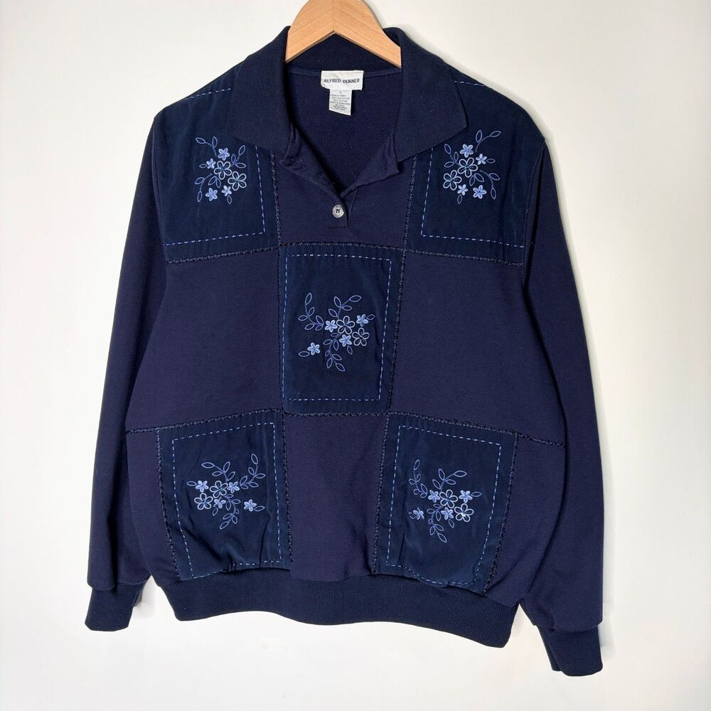 Vintage Alfred Dunner Sweatshirt Collared Grannycore Embroidered Floral Blue L